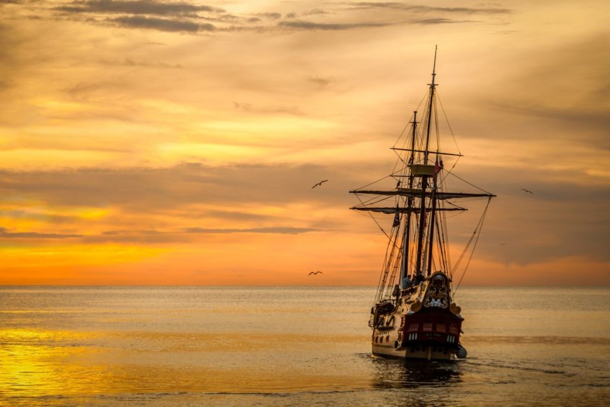 pirate ship ocean sunset